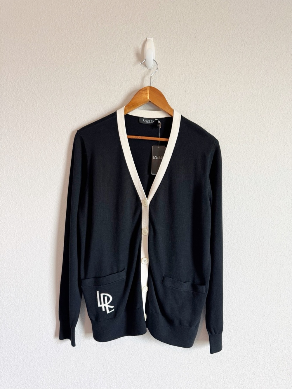 Lauren Ralph Lauren Black Two Tone Cotton Blend Monogram Cardigan Sweater Size L